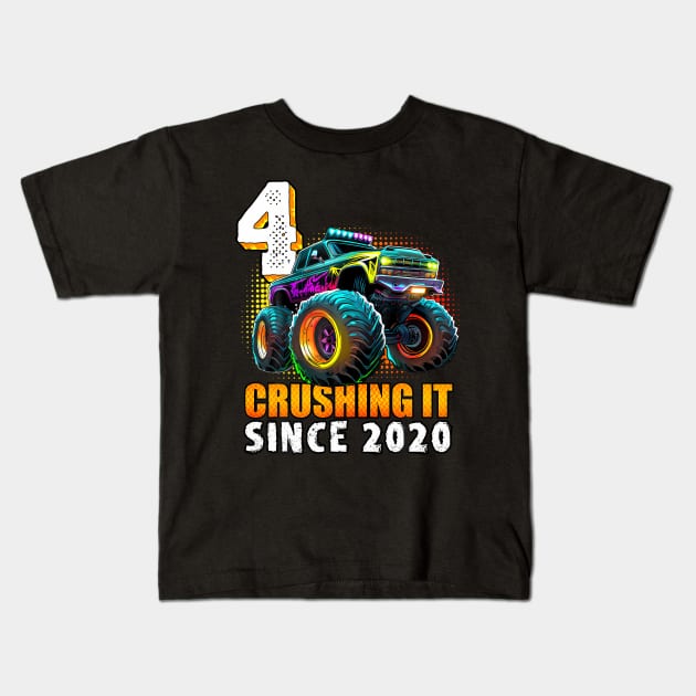 Monster Truck Year Old Boys 4th Birthday Party Born 2020 Kids T-Shirt by deptrai0023